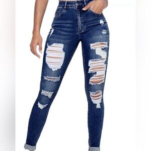 Shein Women's Size Medium Blue Skinny Cuffed Distressed Dark Wash Stretch Jeans